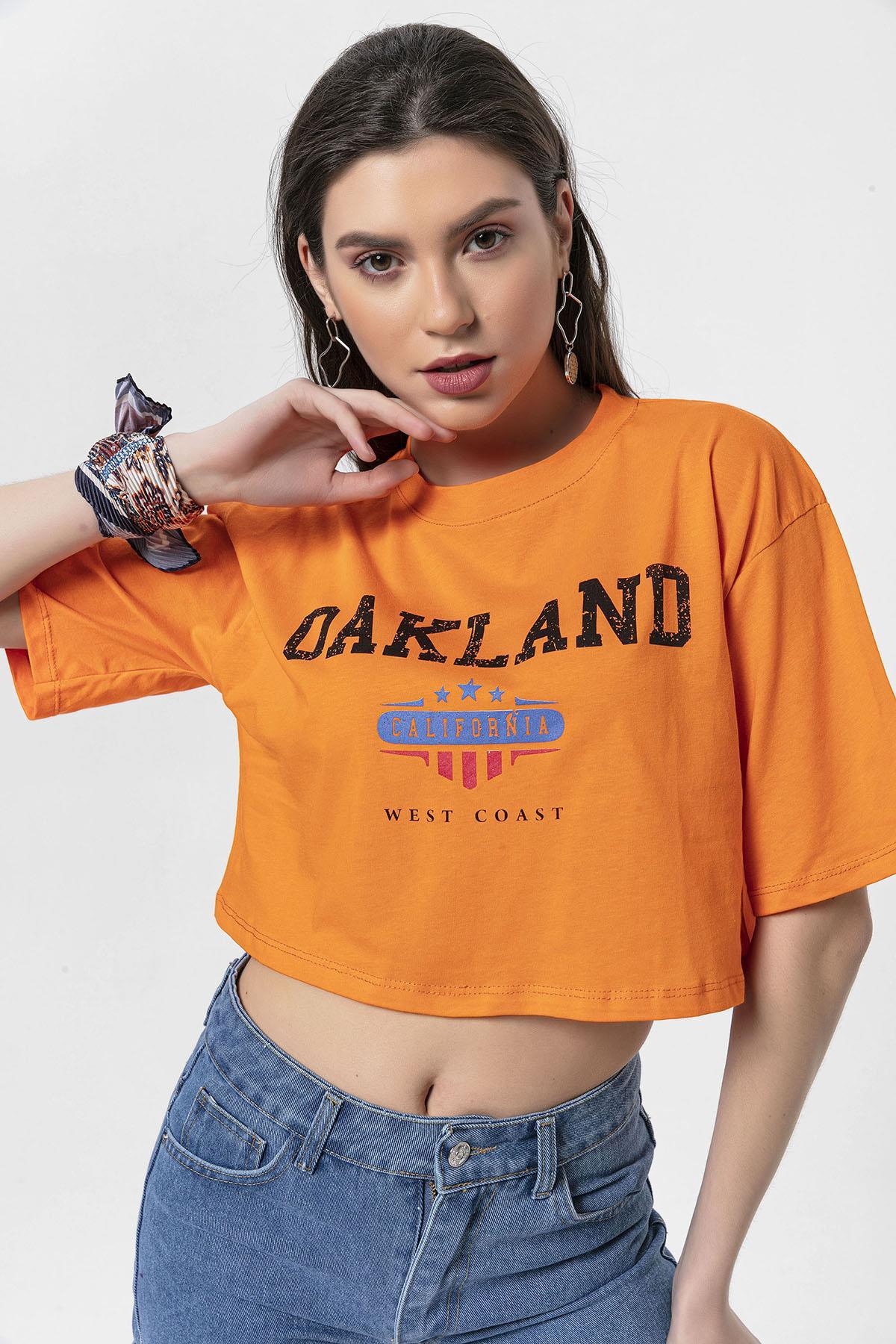 Kadın Önü Baskılı Bisiklet Yaka Kısa Oversize T-Shirt