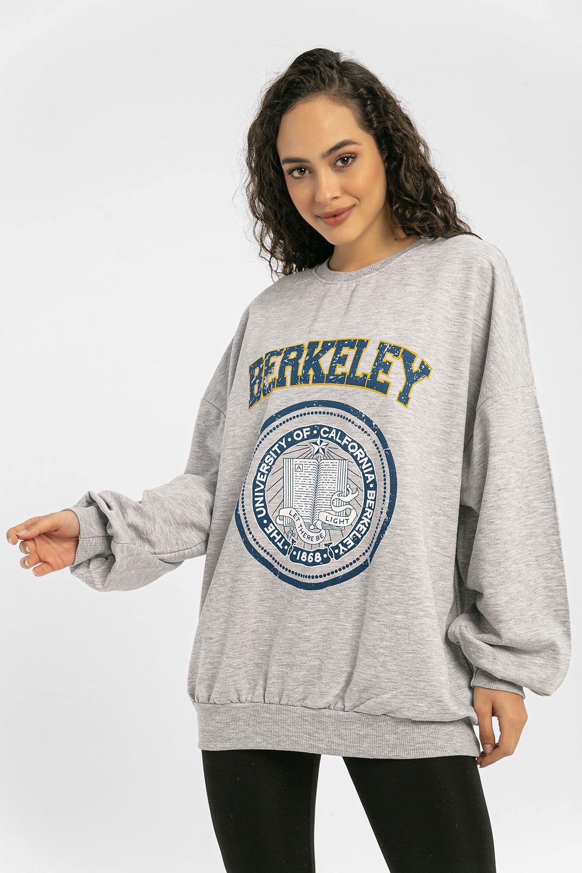 Kadın Önü Baskılı Bisiklet Yaka Oversize Sweatshirt