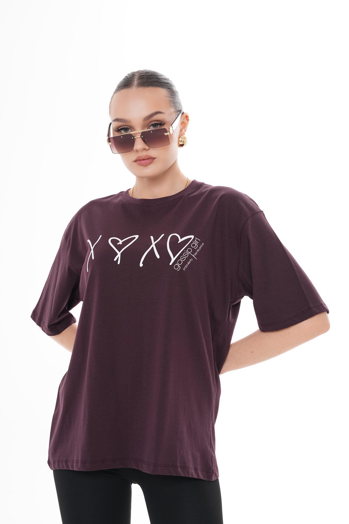 Kadın Önü Baskılı Bisiklet Yaka Oversize Tişört 250114 -