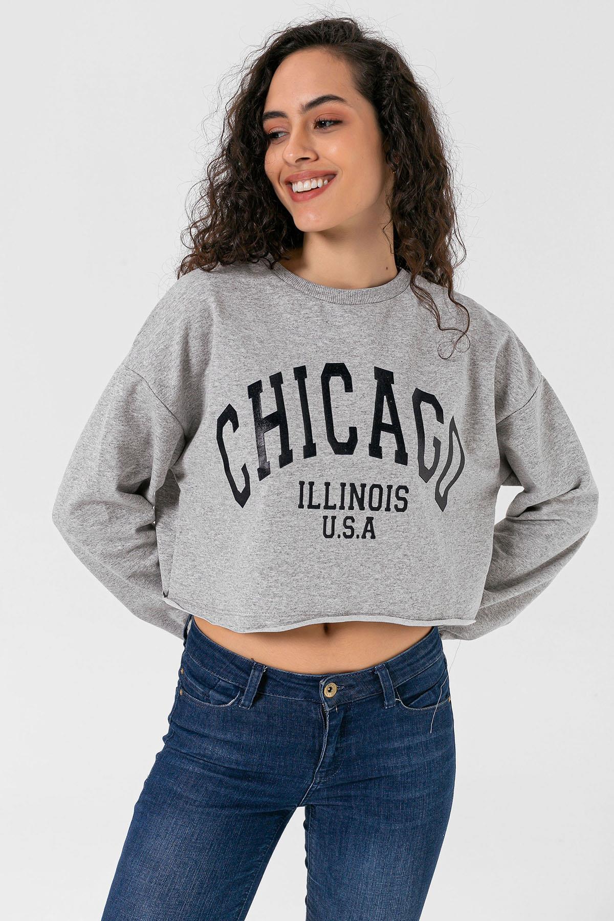 Kadın Önü Baskılı Bisiklet Yaka Sweatshirt