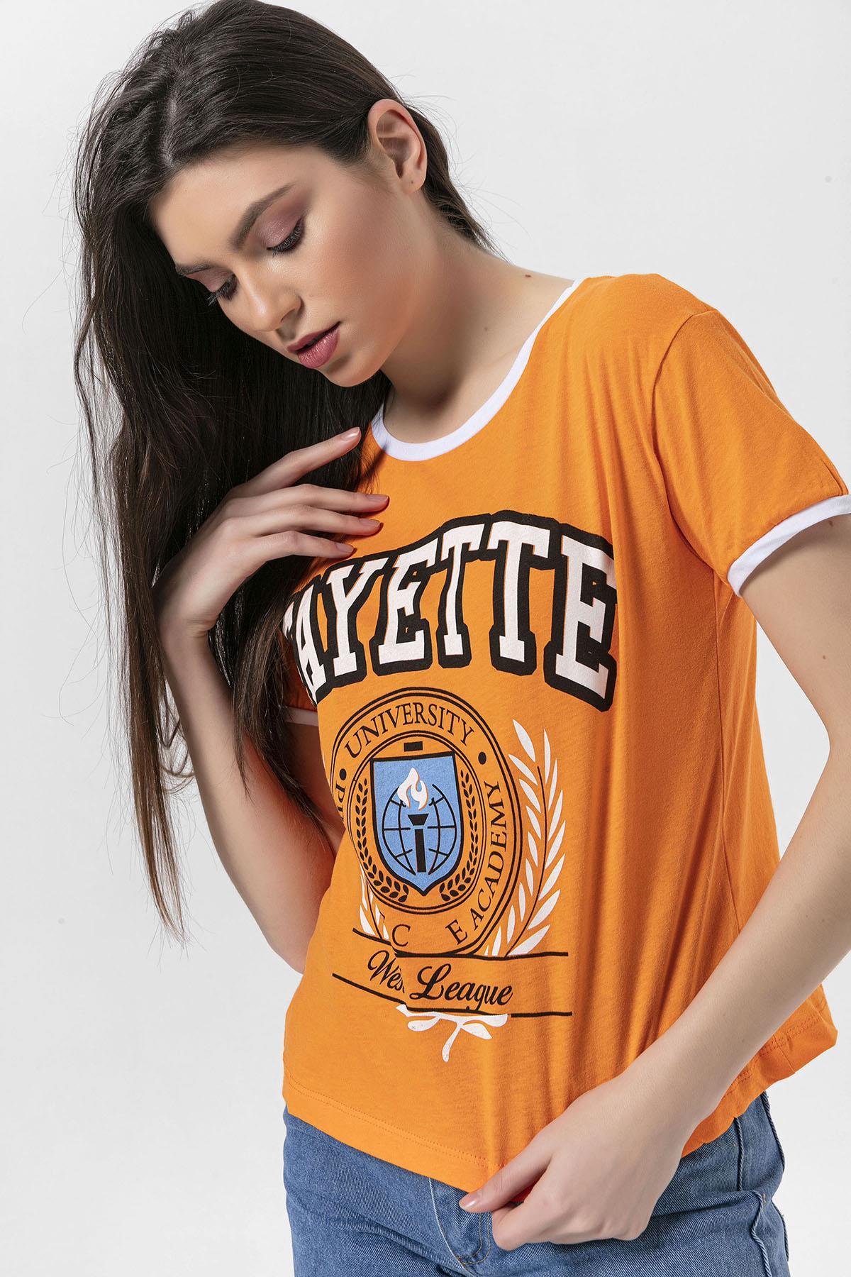 Kadın Önü Baskılı Bisiklet Yaka T-Shirt
