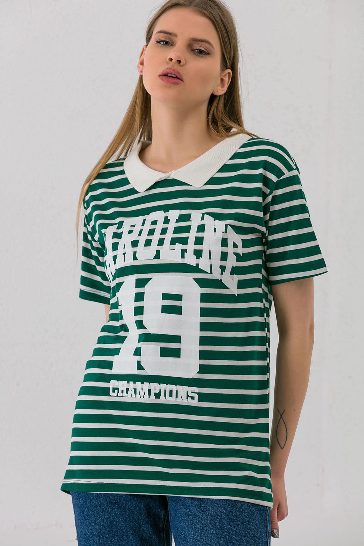 Kadın Önü Baskılı Çizgili Yaka Detaylı T-shirt