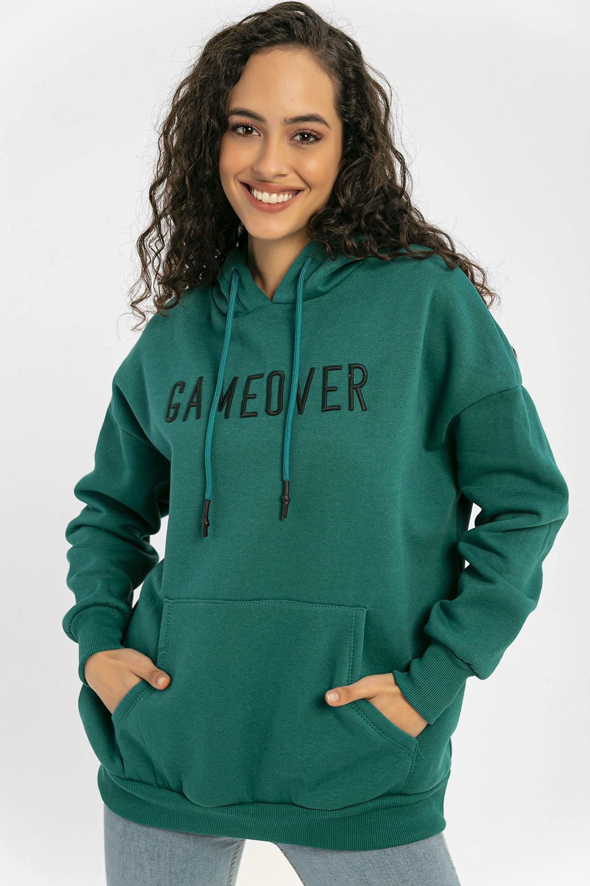 Kadın Önü Baskılı Kanguru Cepli Kapüşonlu Sweatshirt