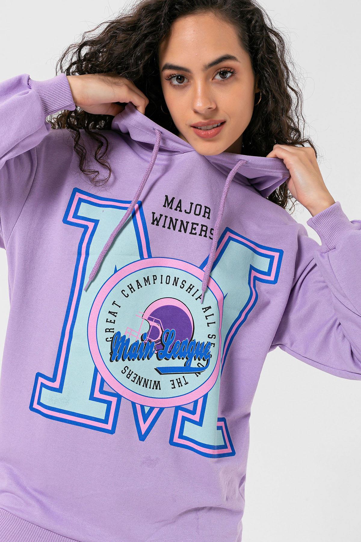 Kadın Önü Baskılı Kapüşonlu Oversize Sweatshirt