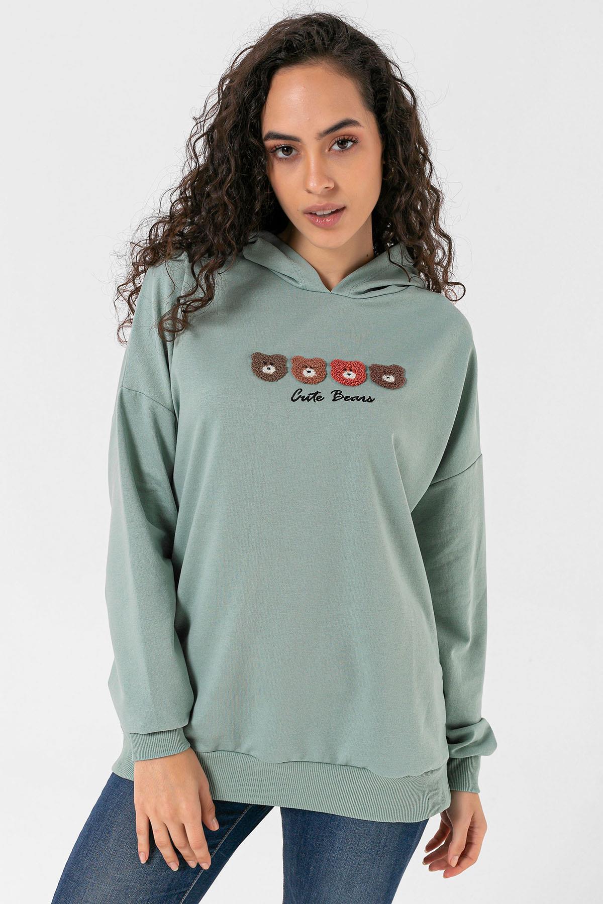 Kadın Önü Baskılı Kapüşonlu Oversize Sweatshirt