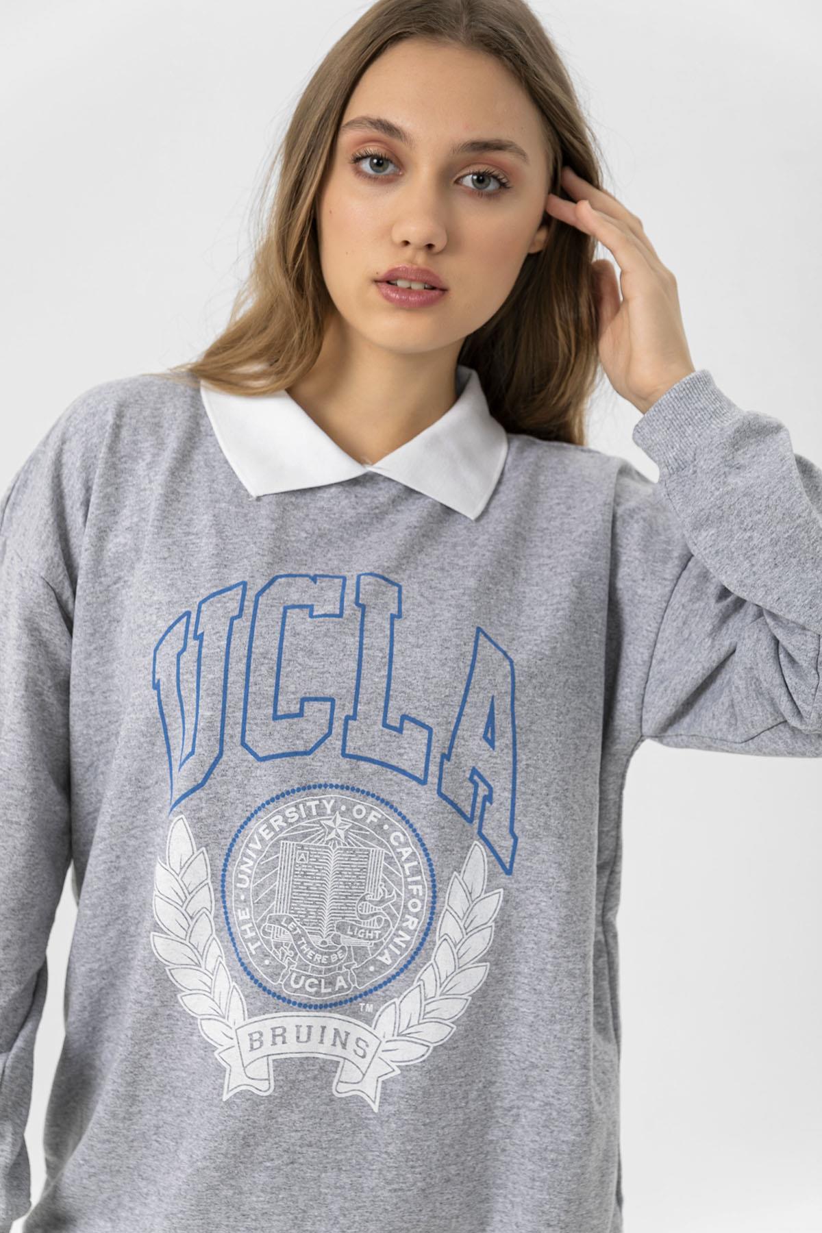 Kadın Önü Baskılı Yakalı Oversize Sweatshirt