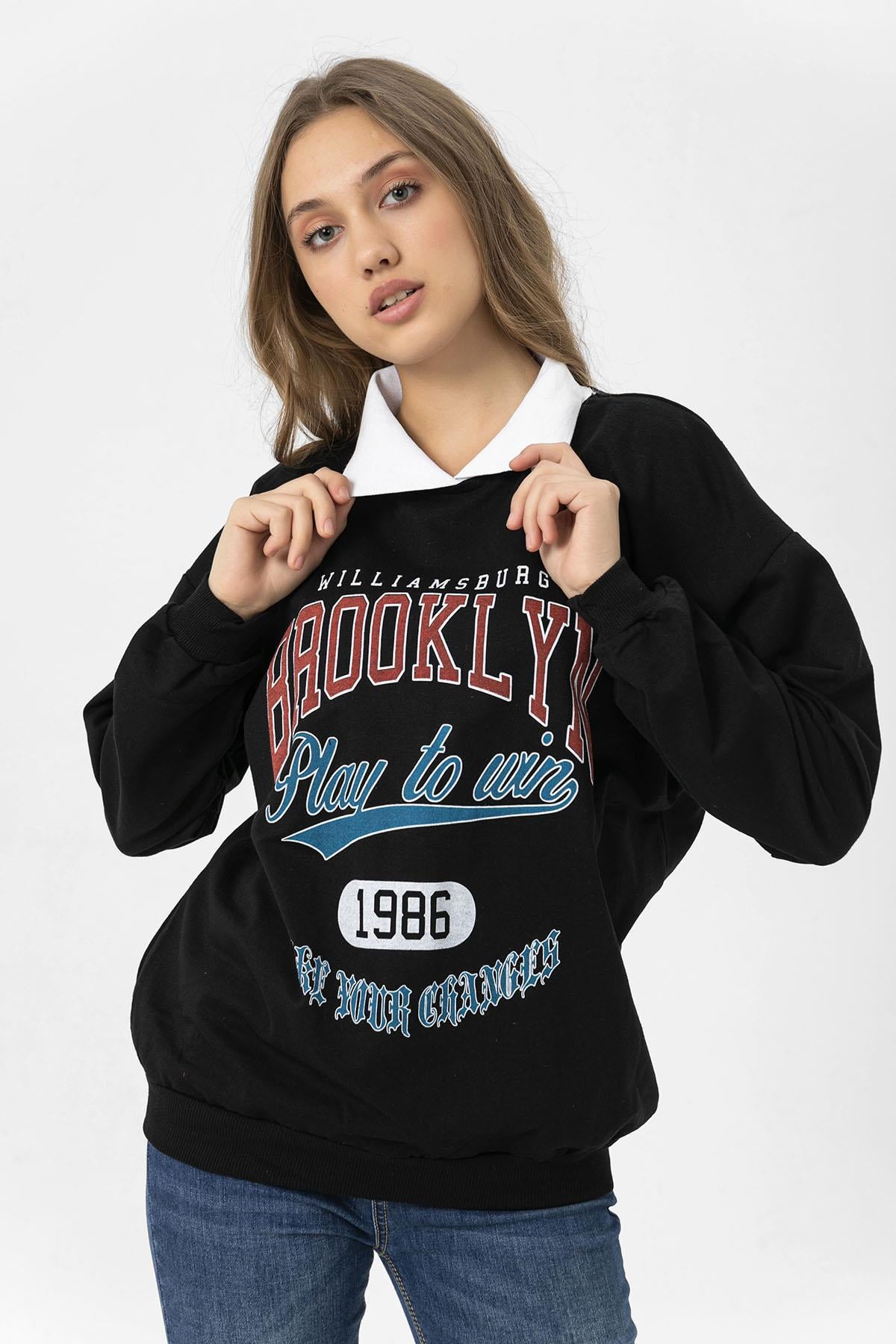 Kadın Önü Baskılı Yakalı Oversize Sweatshirt