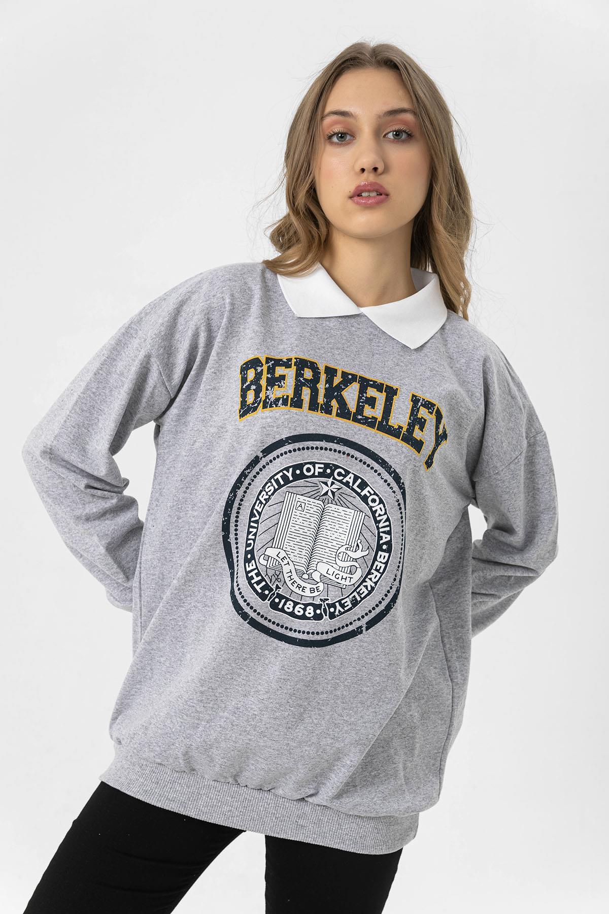 Kadın Önü Baskılı Yakalı Oversize Sweatshirt