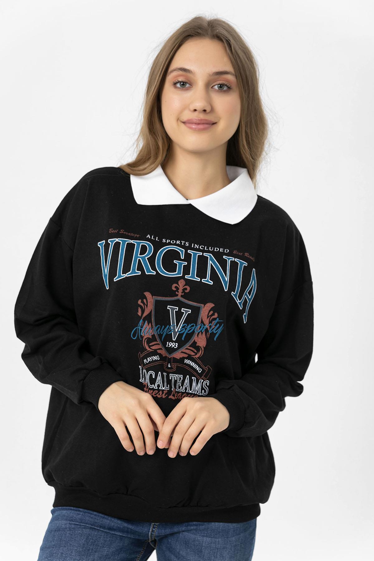 Kadın Önü Baskılı Yakalı Oversize Sweatshirt