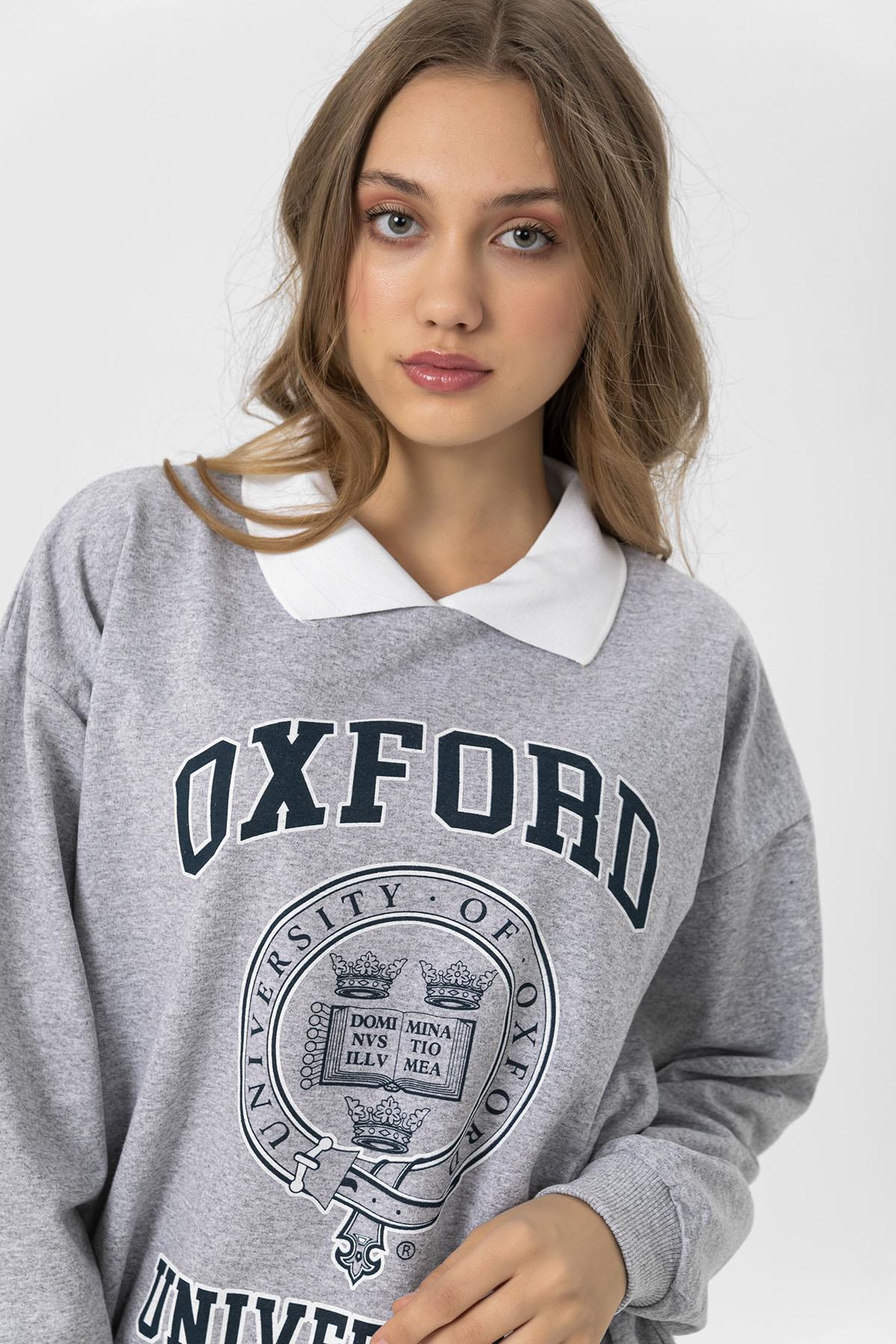 Kadın Önü Baskılı Yakalı Oversize Sweatshirt