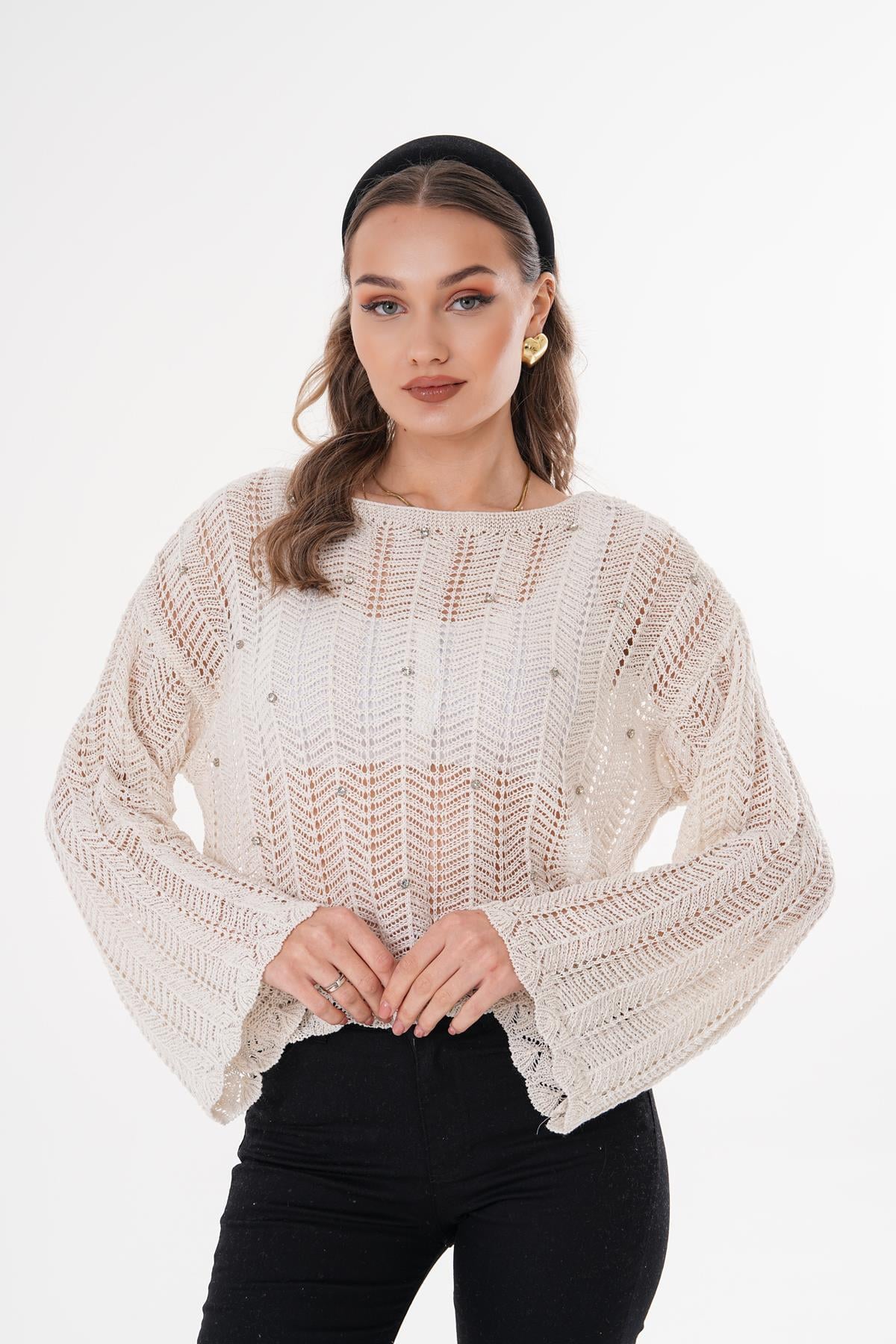 Kadın Önü Taş Detaylı Triko Örme Salaş Kazak 250375 -