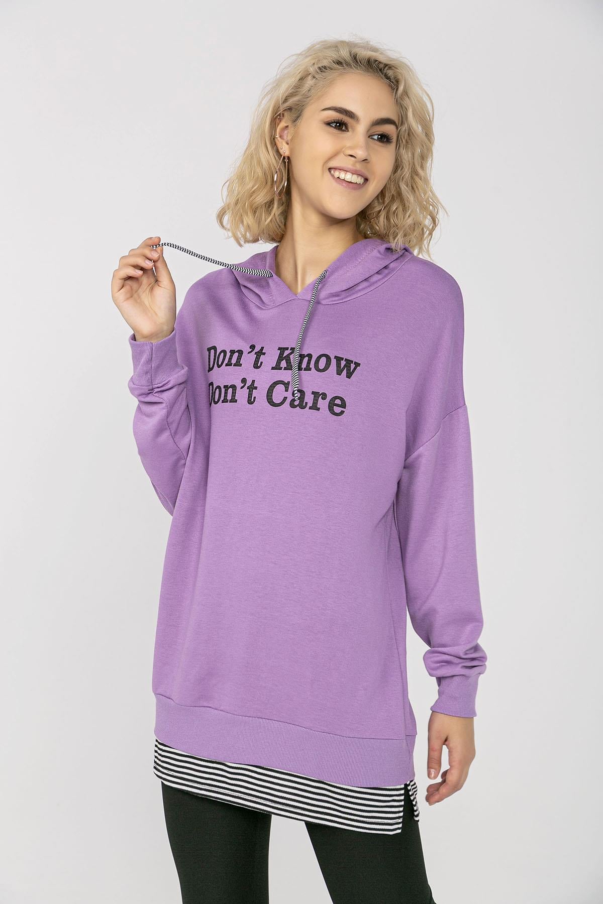 Kadın Önü Yazı Baskılı Çift Görünümlü Kapüşonlu Uzun Sweatshirt