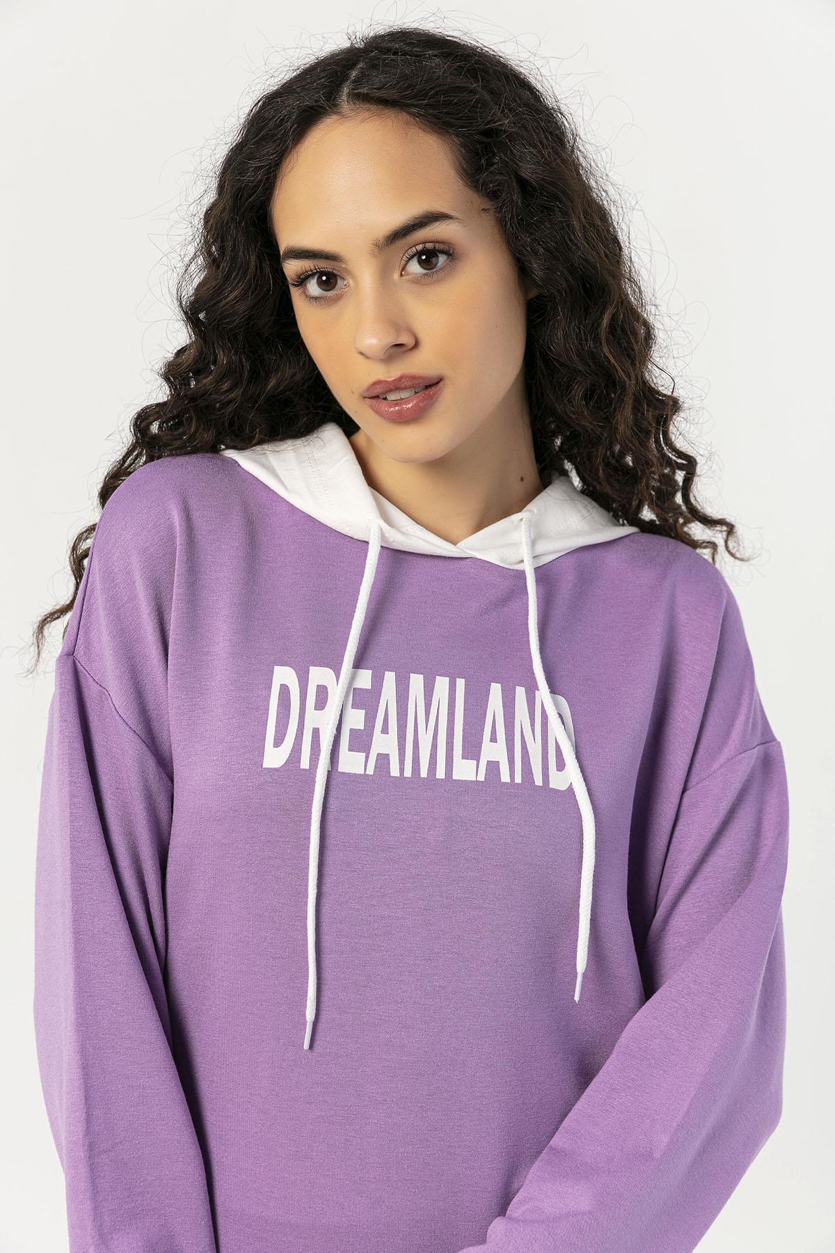 Kadın Önü Yazı Detaylı Kapüşonlu Uzun Sweatshirt