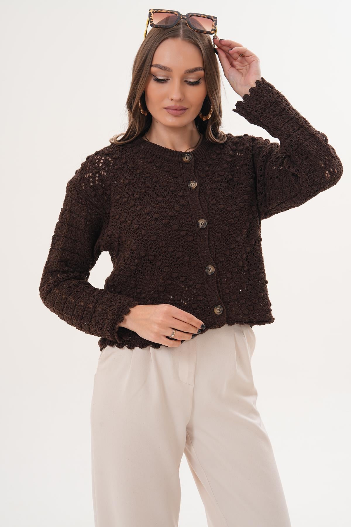 Kadın Ponpon Desenli Düğmeli Triko Örme Hırka 260444 -