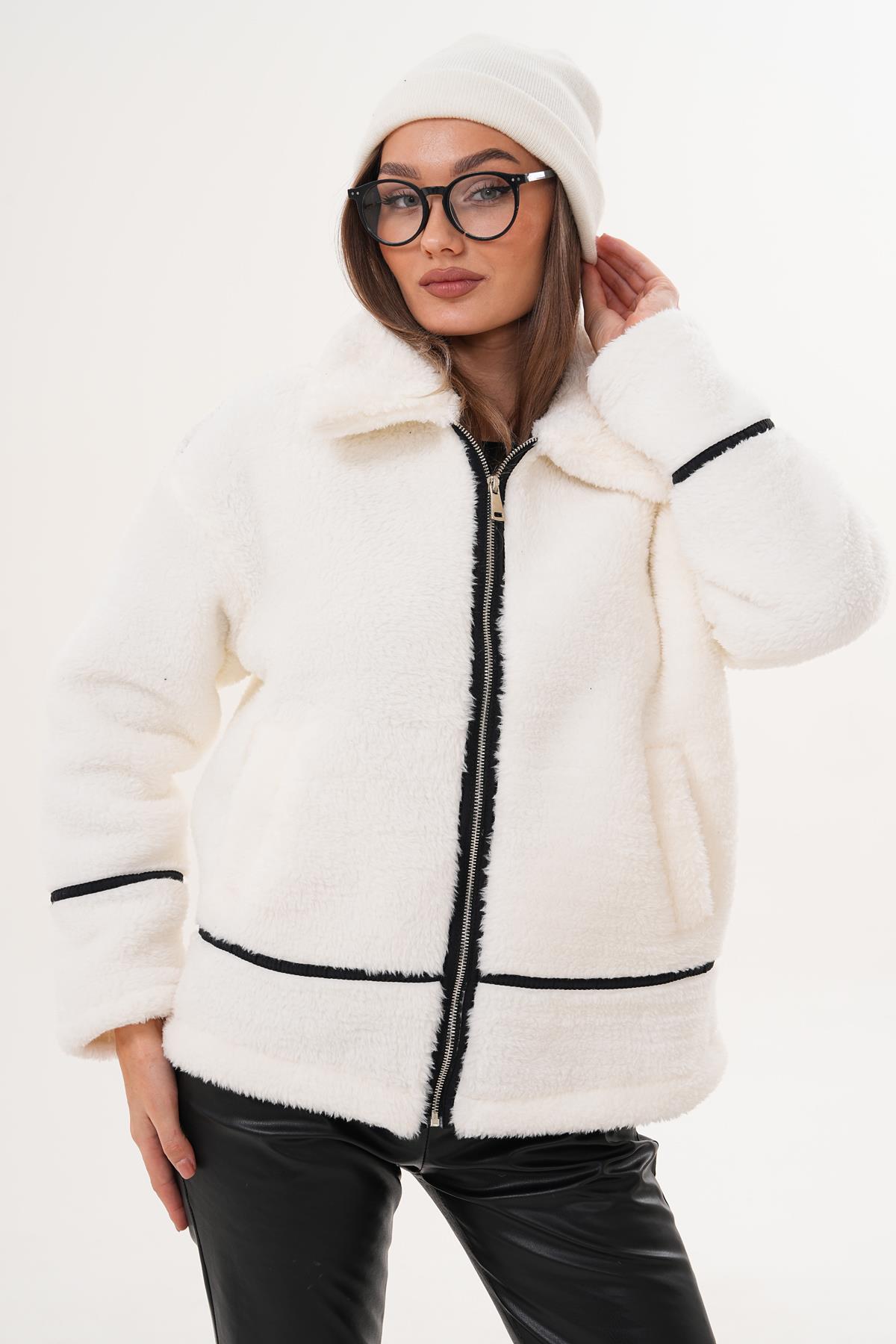 Kadın Şerit Detaylı Fermuar Kapamalı Peluş Ceket 255125 -