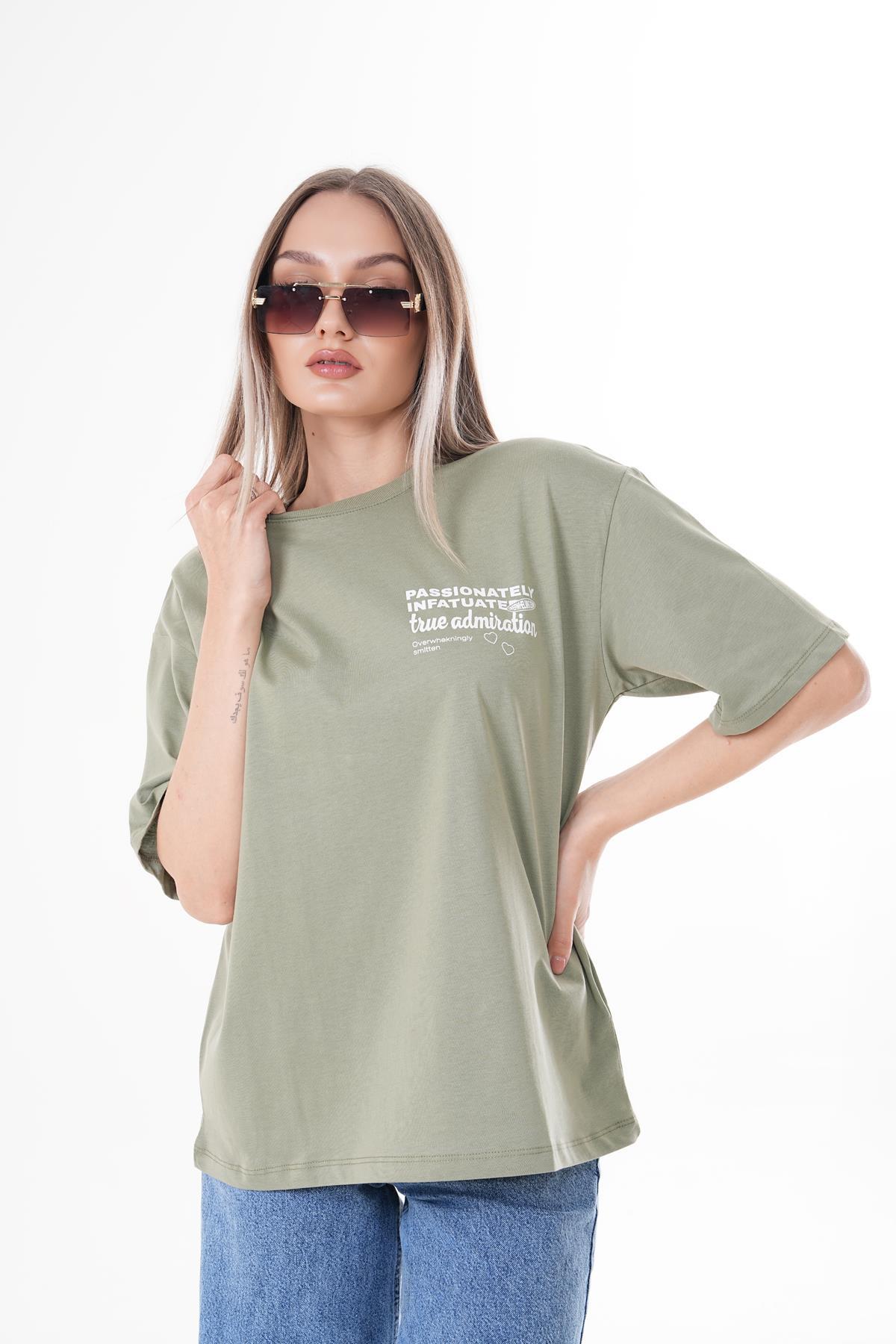 Kadın Sırt Baskı Detaylı Bisiklet Yaka Oversize Tişört 250101 -