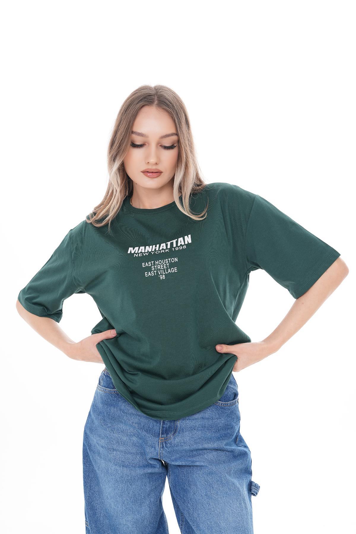 Kadın Sırt Baskı Detaylı Bisiklet Yaka Oversize Tişört 250147 -