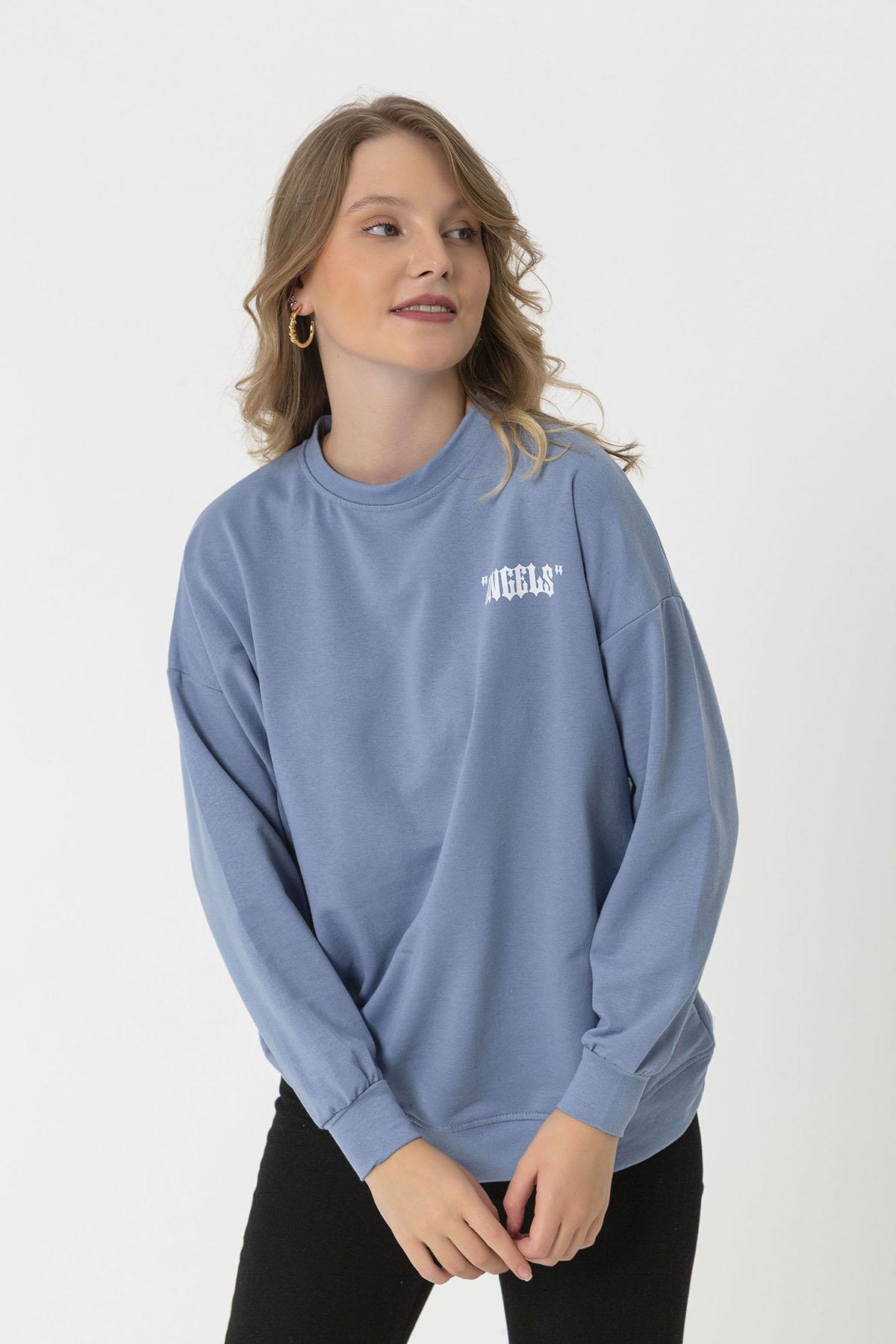 Kadın Sırt Baskı Detaylı Bisiklet Yaka Sweatshirt
