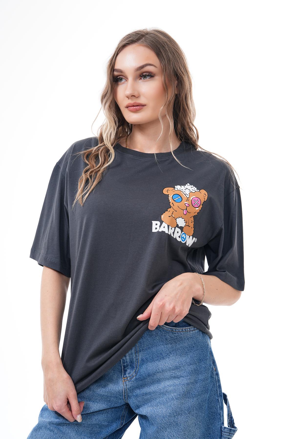 Kadın Sırt Baskı Detaylı Bisiklet Yaka Oversize Tişört 250117 -