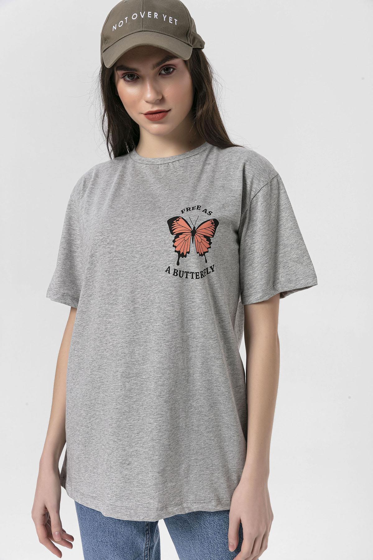 Kadın Sırt Baskı Detaylı Bisiklet Yaka Oversize T-Shirt