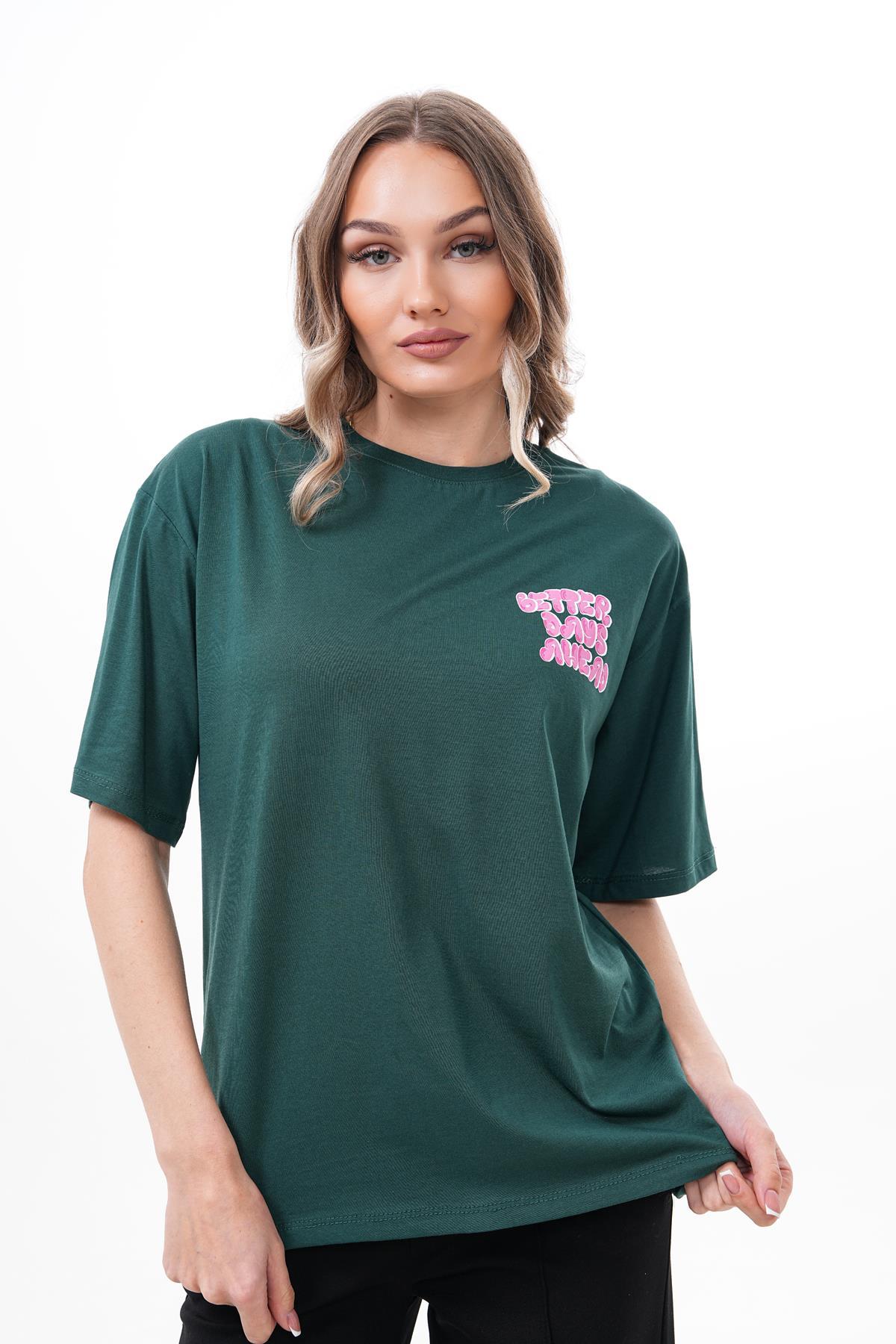 Kadın Sırt Baskı Detaylı Bisiklet Yaka Oversize Tişört 250151 -
