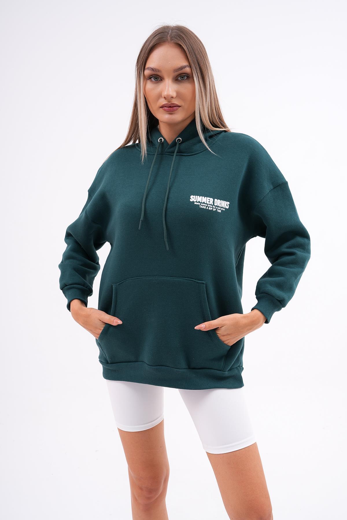 Kadın Sırt Baskı Detaylı Kapüşonlu Kanguru Cepli Üç İplik Sweatshirt 245121 -