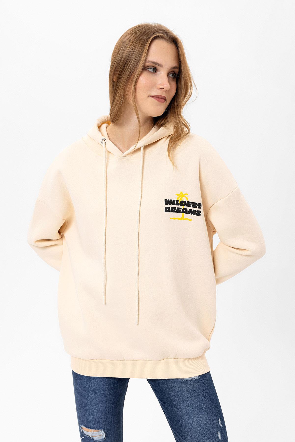 Kadın Sırt Baskı Detaylı Kapüşonlu Üç İplik Oversize Sweatshirt