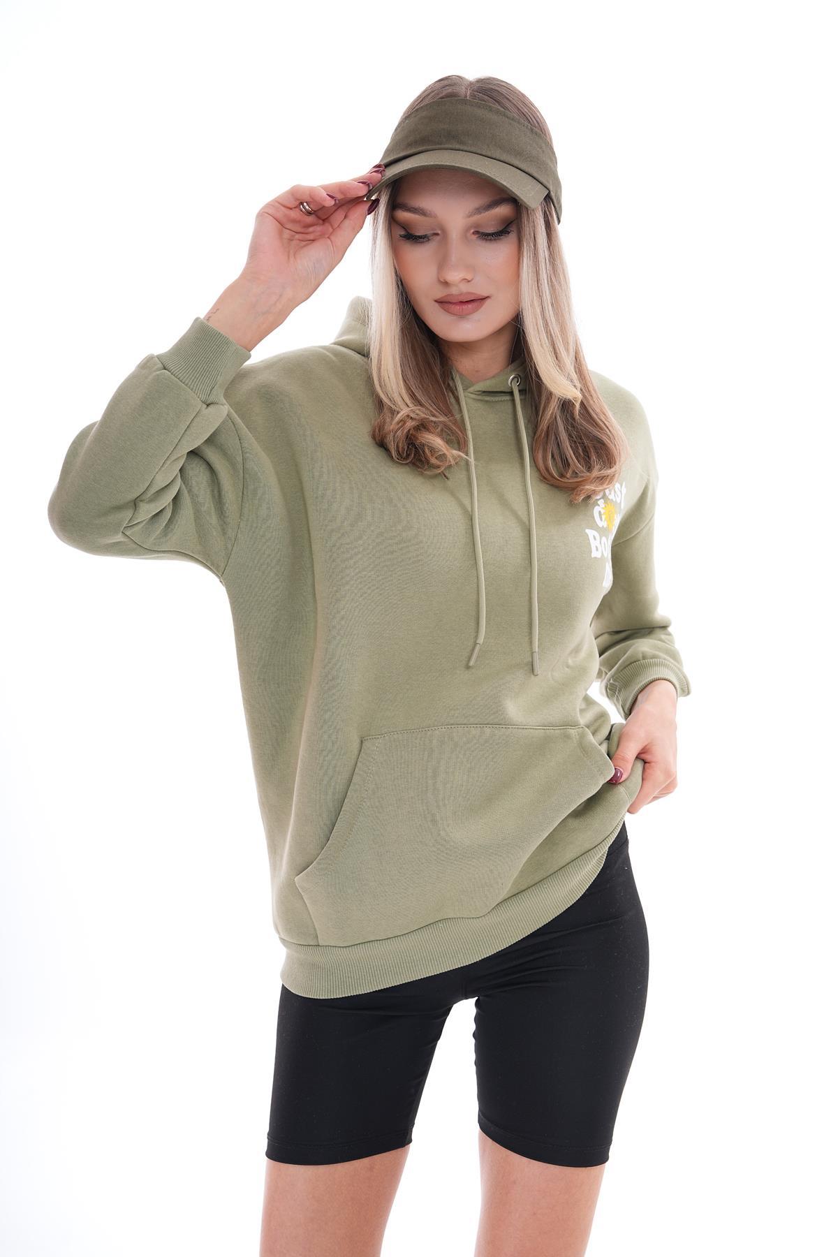 Kadın Sırt Baskı Detaylı Kapüşonlu Üç İplik Sweatshirt 245127 -