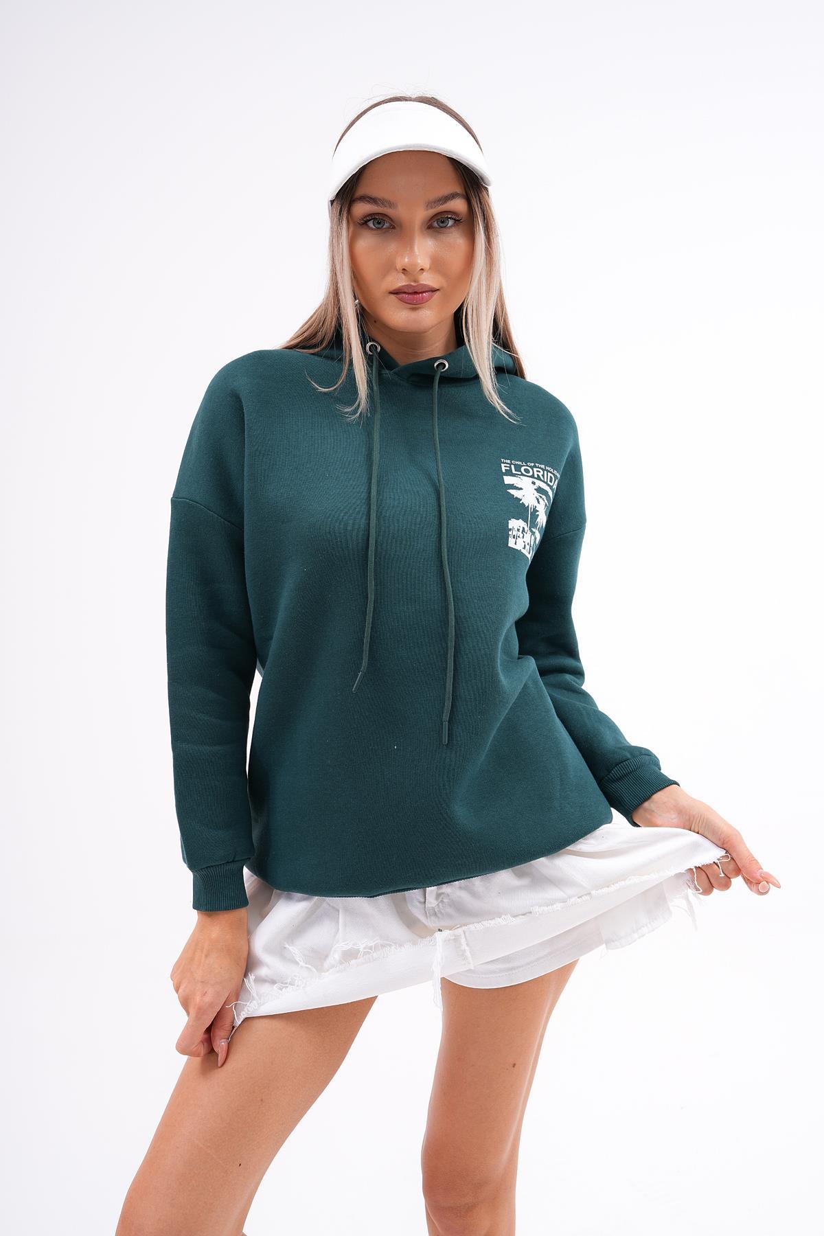 Kadın Sırt Baskı Detaylı Kapüşonlu Üç İplik Sweatshirt 245128 -