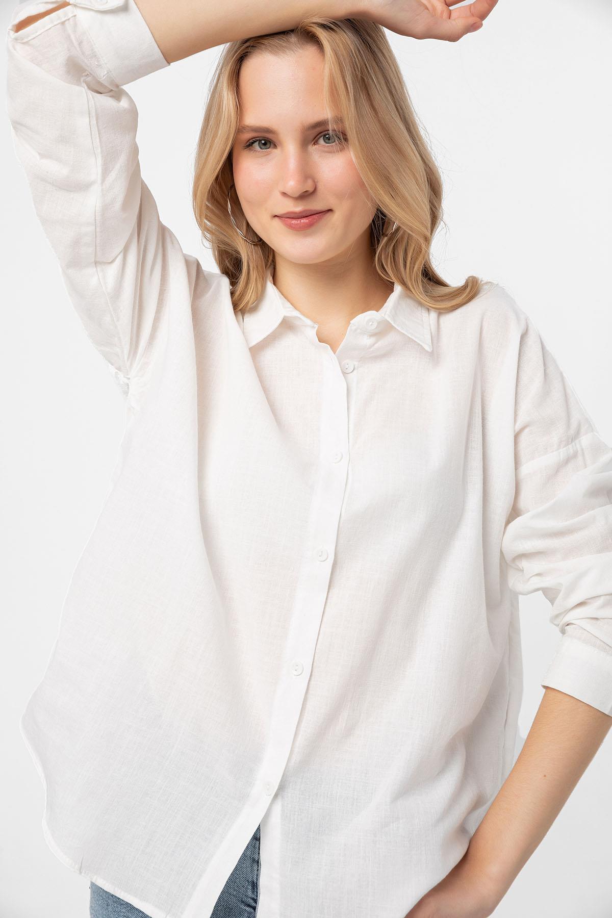 Kadın Sırt Etnik Desen Baskılı Oversize Gömlek