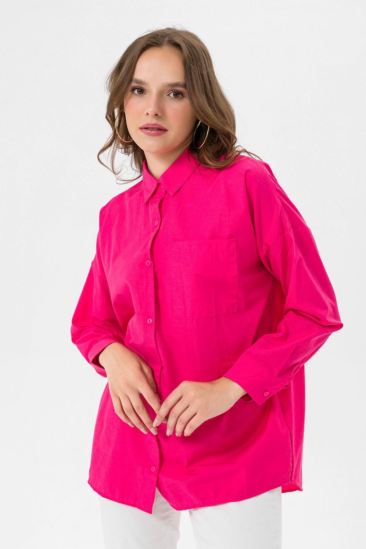 Kadın Tek Cep Detaylı Oversize Gömlek