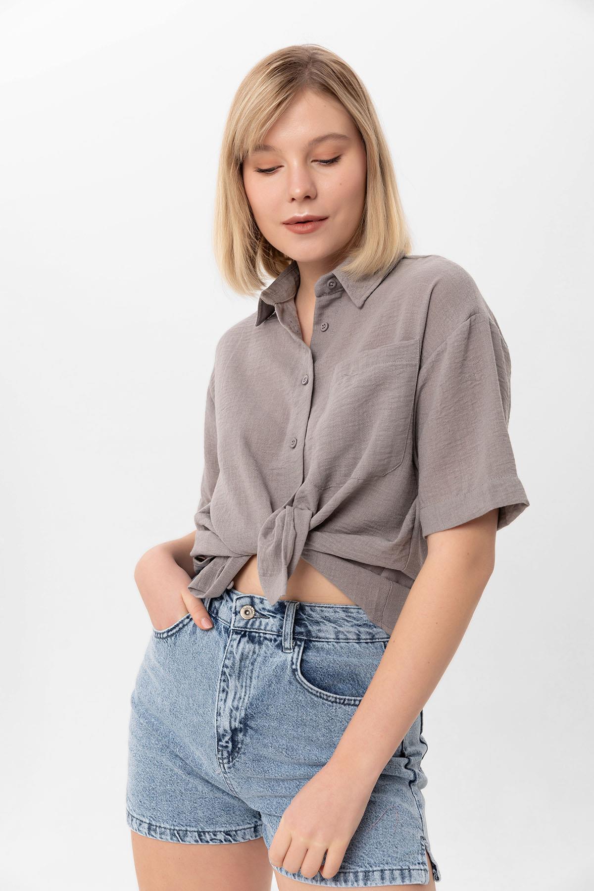 Kadın Tek Cepli Oversize Keten Gömlek