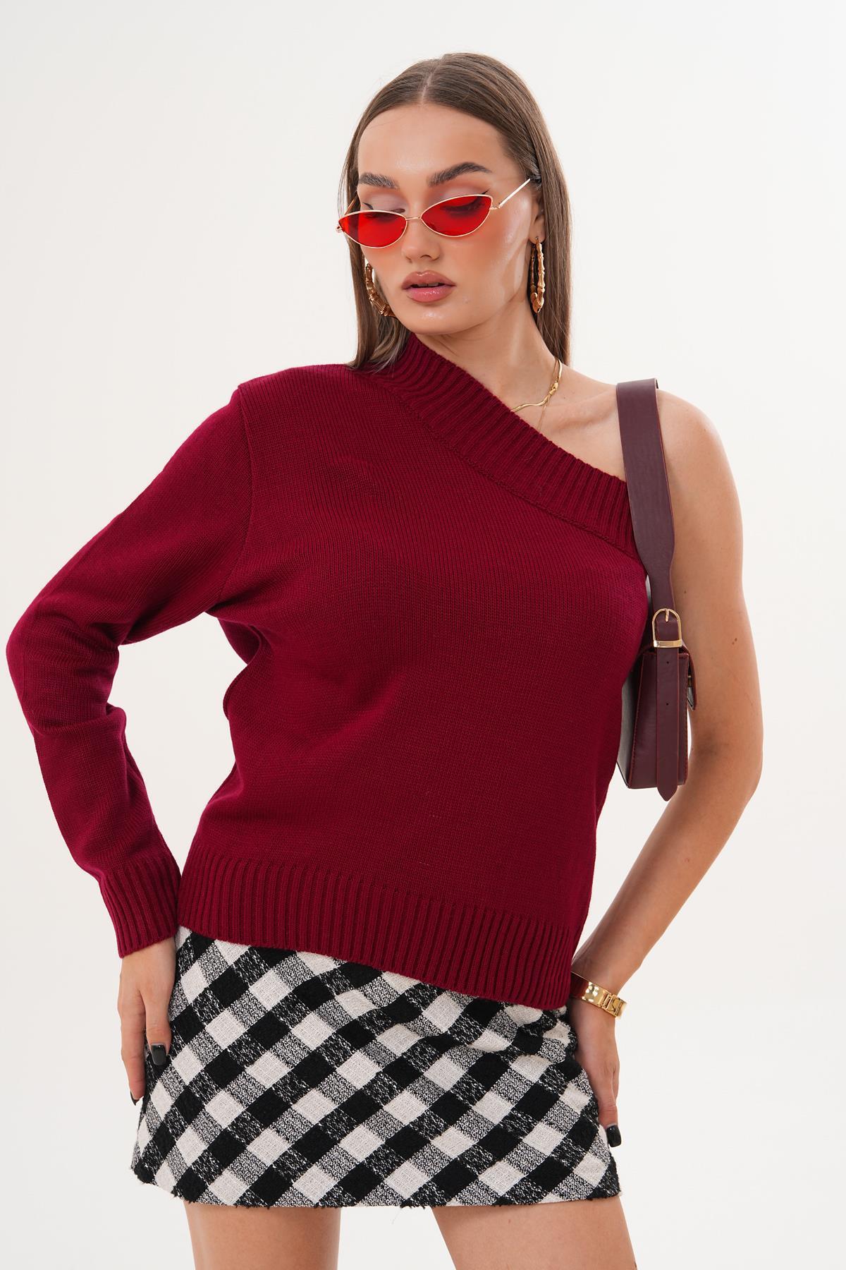 Kadın Tek Omuz Detaylı Triko Örme Kazak 255161 -