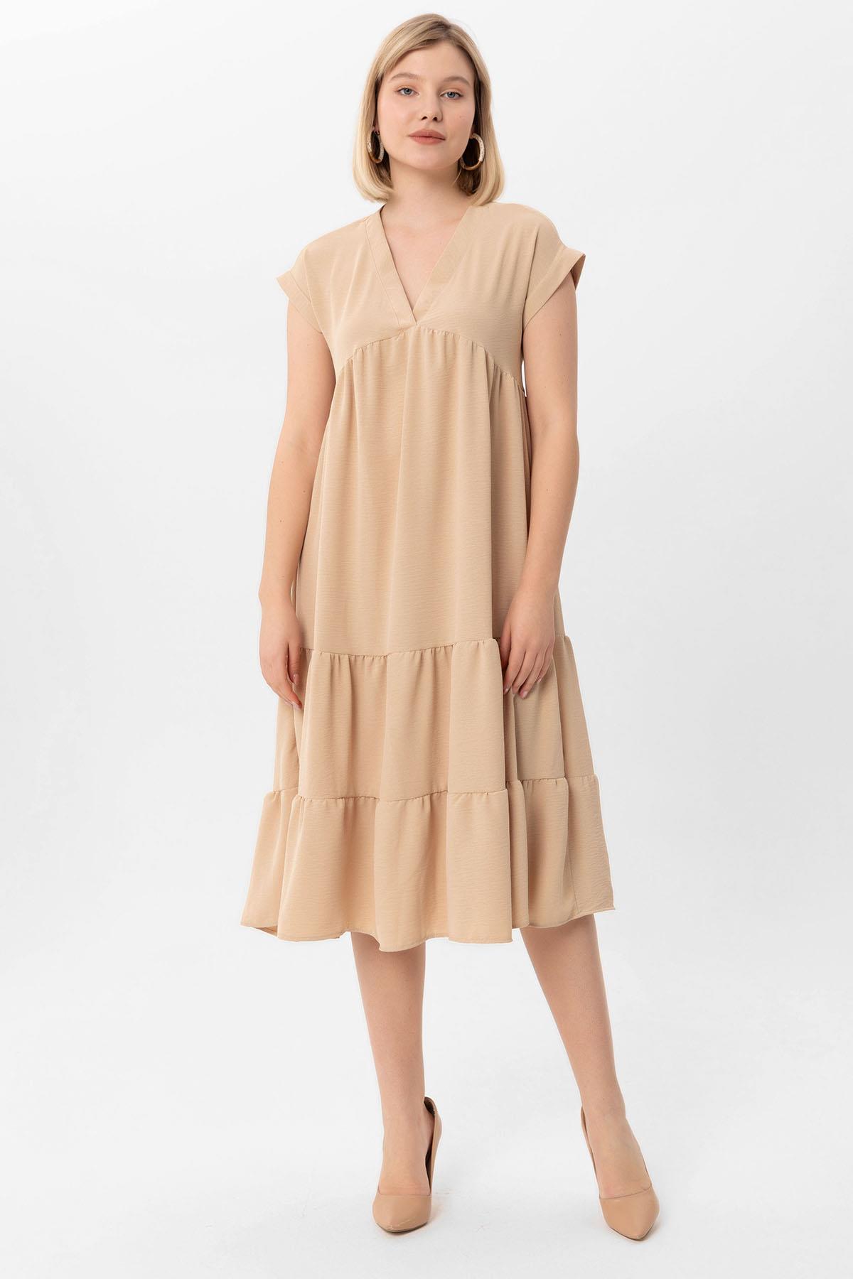 Kadın V Yaka Katlı Uzun Elbise