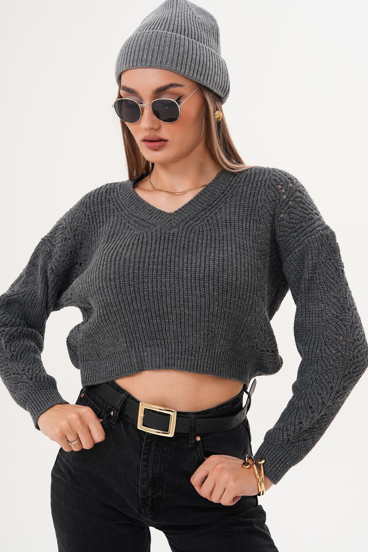 Kadın V Yaka Kolları Desenli Triko Örme Kazak 255111 -