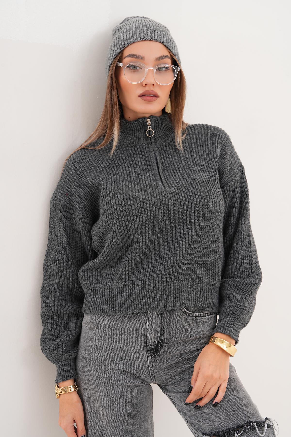 Kadın Yaka Fermuar Detaylı Triko Örme Kazak 255109 -