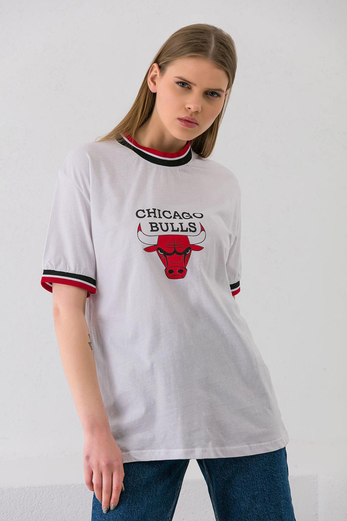 Kadın Yaka Kol Şerit Detaylı Baskılı Oversize T-shirt