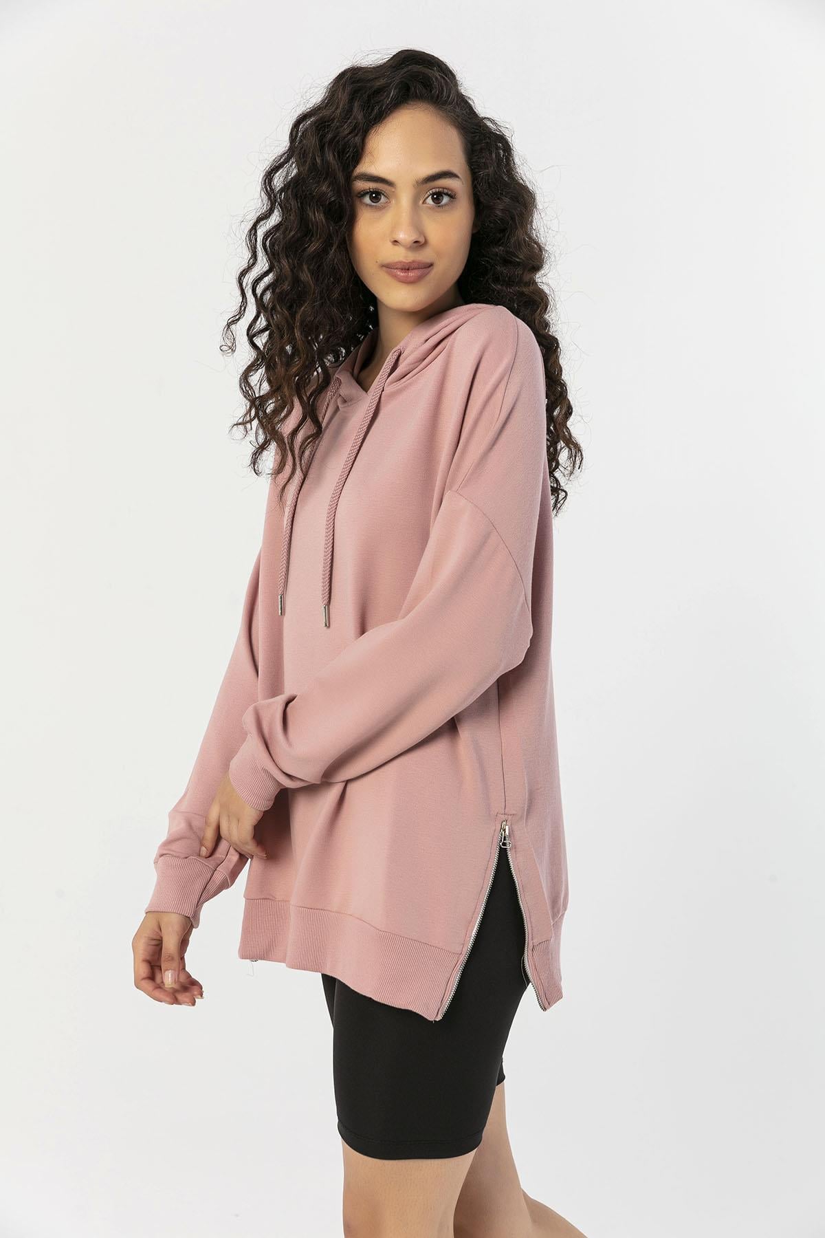 Kadın Yan Fermuar Detaylı Kapüşonlu Oversize Sweatshirt