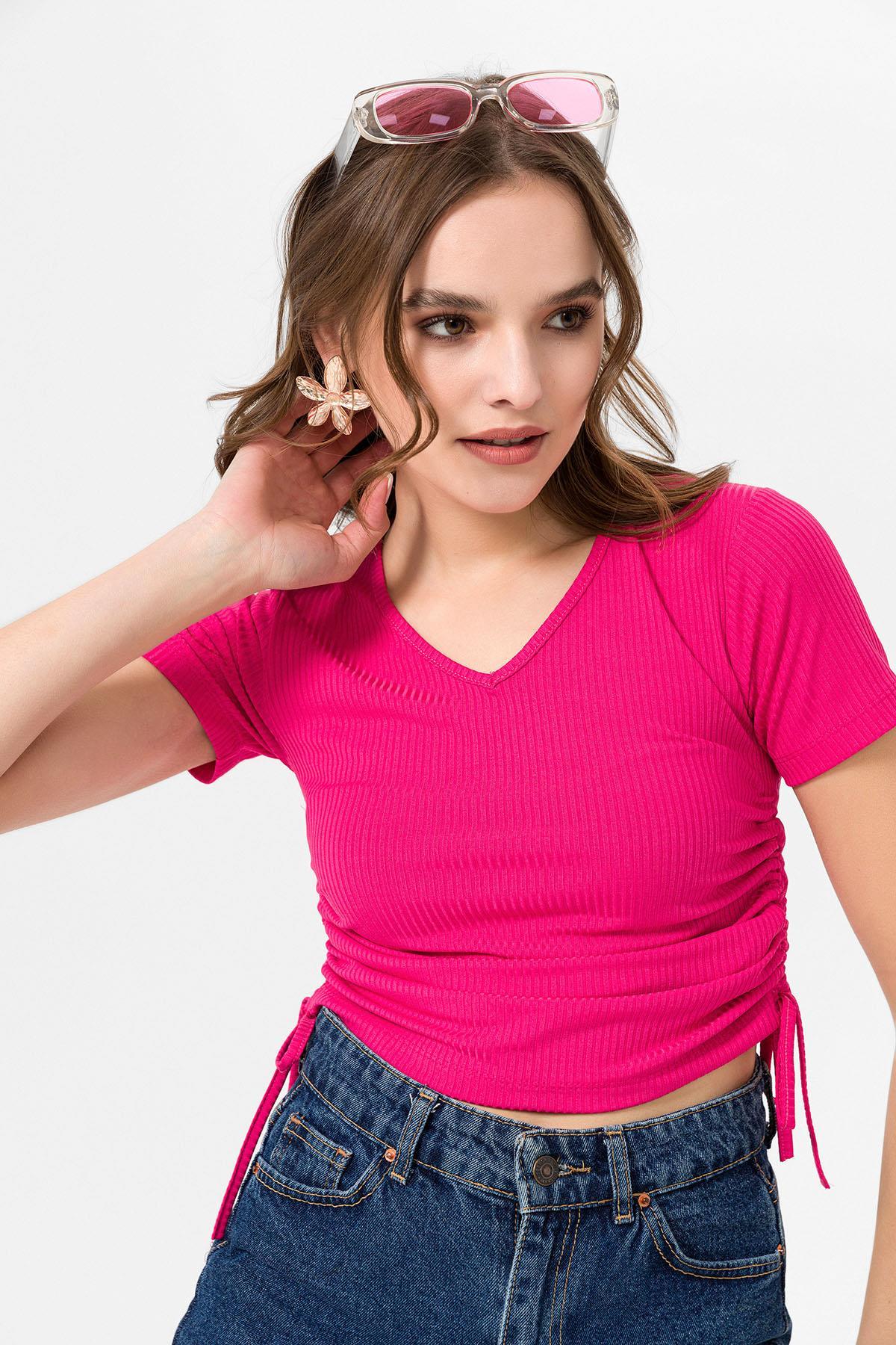 Kadın Yanı Büzgü Detaylı V Yaka Kaşkorse T-shirt 240007 -