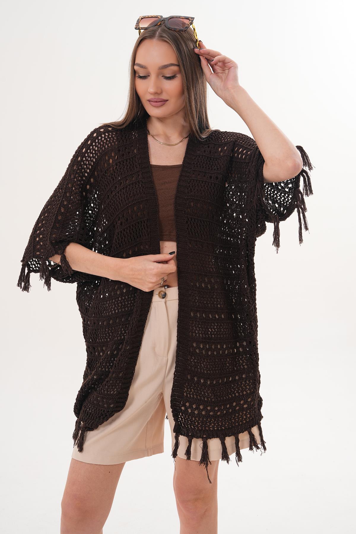 Kadın Yarasa Kol Püsküllü Triko Örme Hırka 260443 -