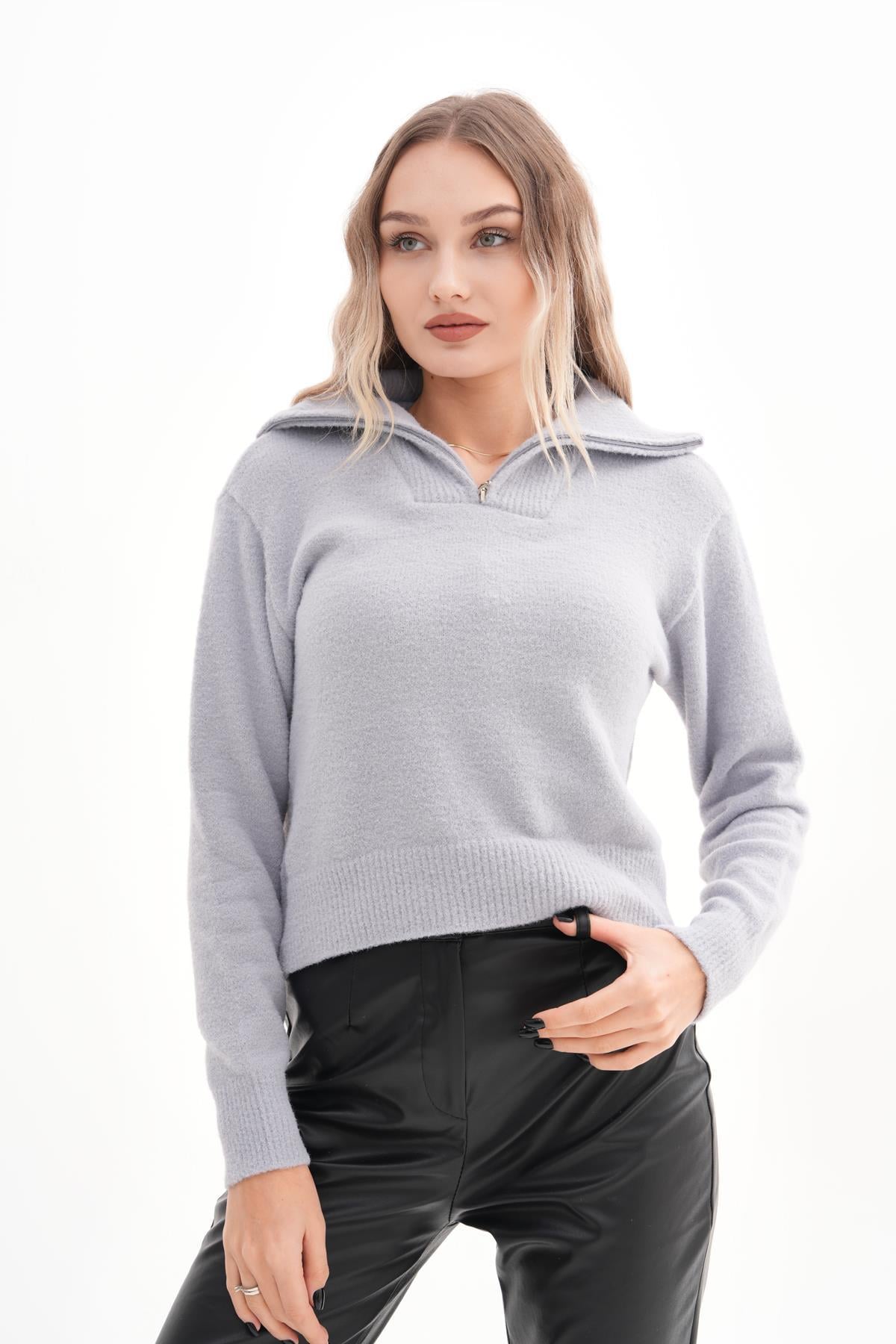 Kadın Yarım Fermuar Detaylı Triko Örme Yumoş Kazak 245161 -