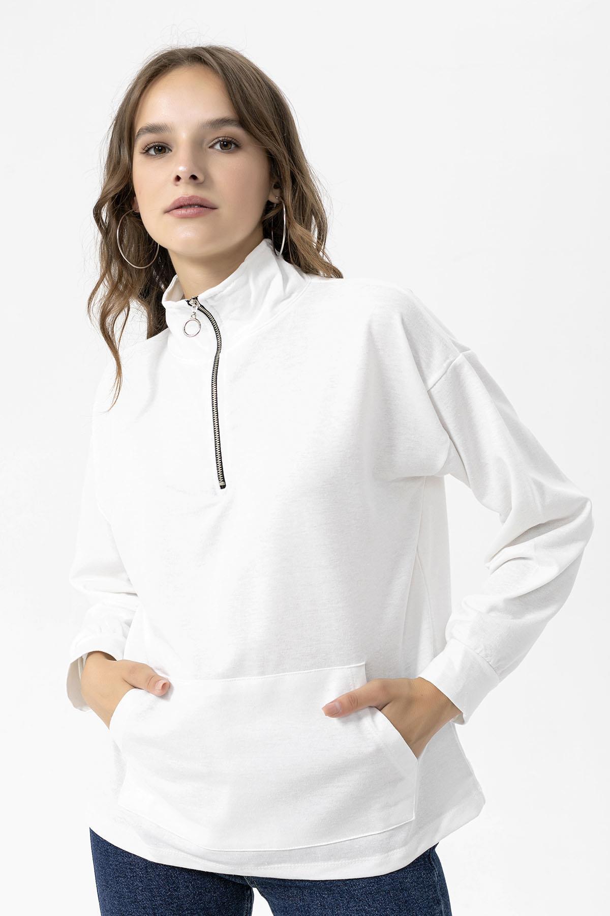 Kadın Yarım Fermuarlı Kanguru Cepli Sweatshirt