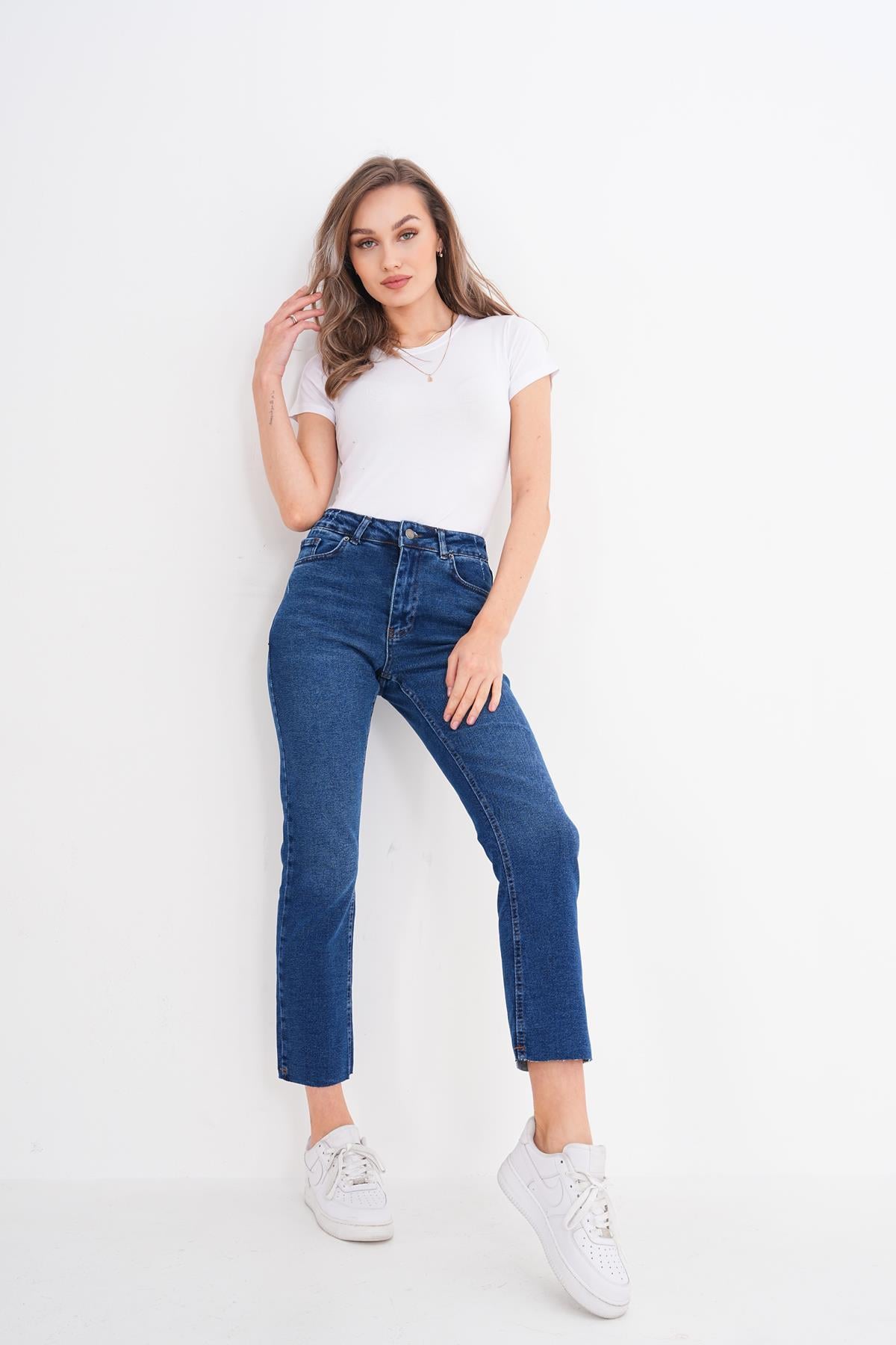 Kadın Yüksek Bel Paçası Lazer Kesim Mom Jean 250412 -