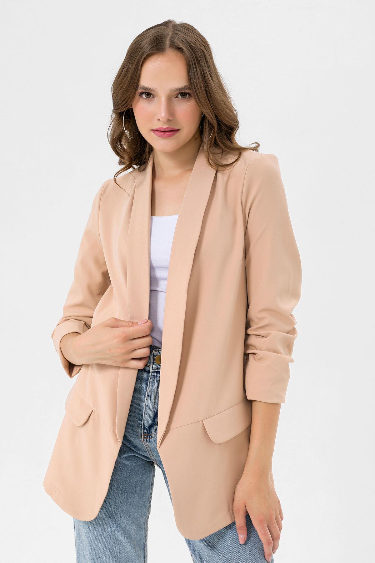 Kolu Büzgülü Sahte Cepli Önü Açık Blazer Ceket