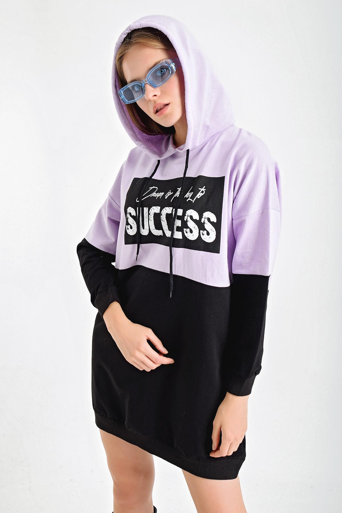 Succes Baskı Çift Renk Kapşonlu Sweat Elbise