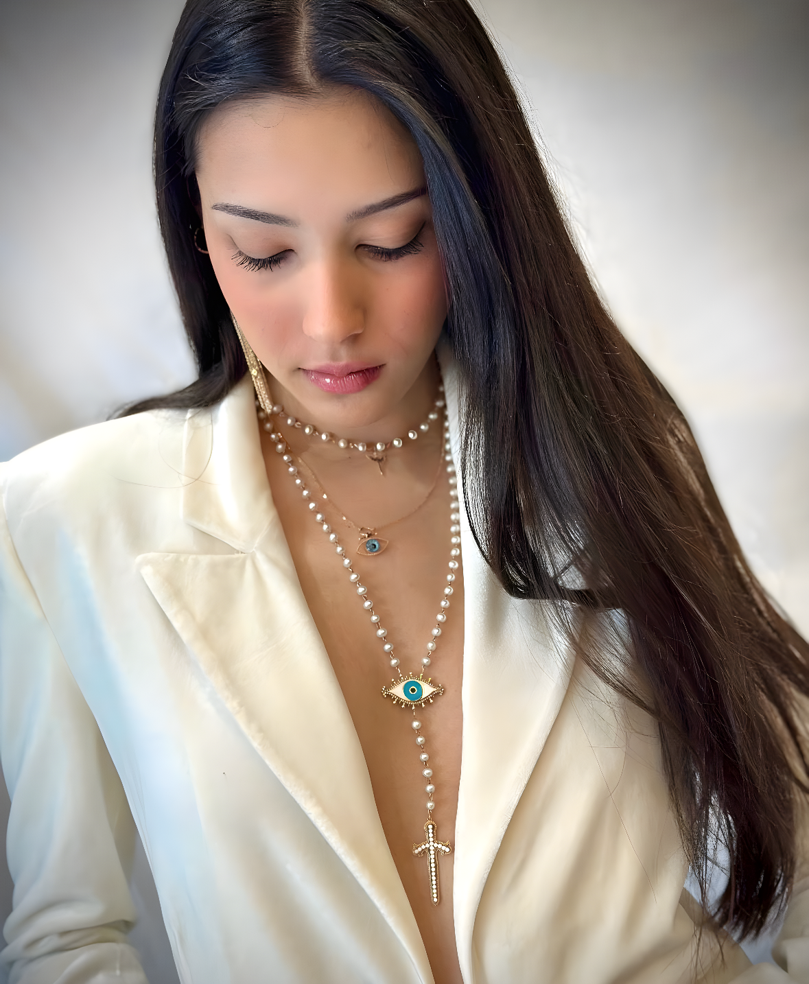 COGNAC DIAMOND PEARL EYE SWORD NECKLACE