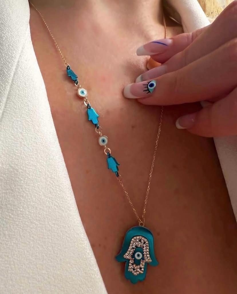 GOLD BLUE AMULET FATMA ANA NECKLACE