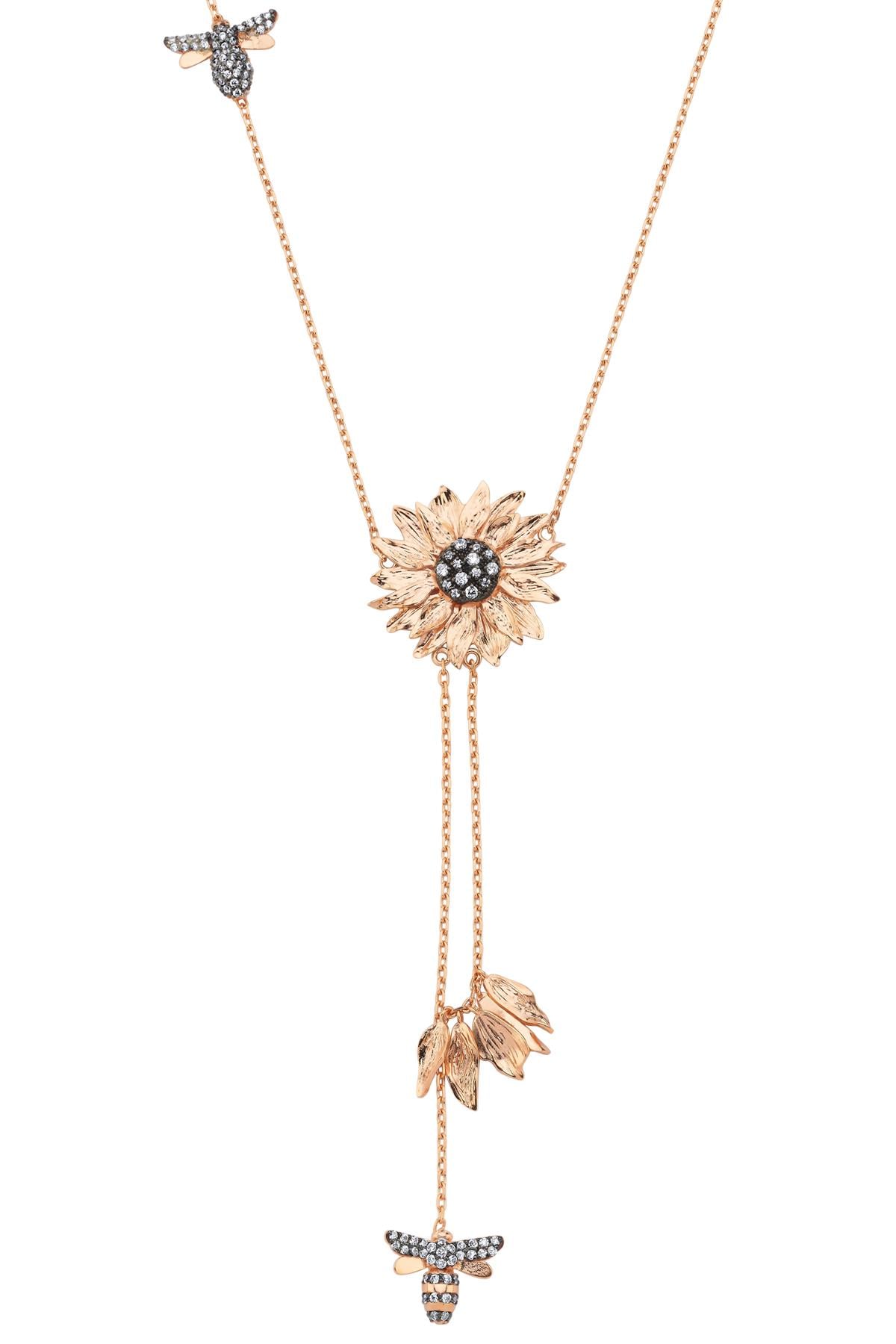 Pırlantalı Arılı Çiçek Kolye 