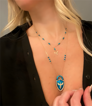 Boncuklu Mavi Altın Mikail Meleği Kolye