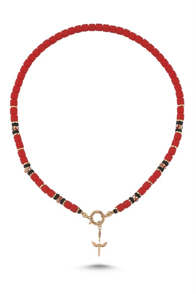 Kırmızı Boncuklu Mikail Meleği Charm Kolye